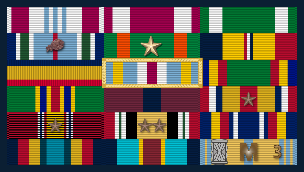 U.S. Marine Corps ribbon rack of Chief Warrant Officer 5 Jose Garcia, mounted in order of precedence per Marine Corps Uniform Regulations