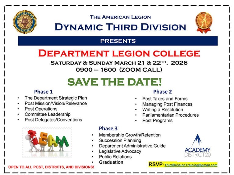 Department Legion College Save the Date flyer, March 21-22, 2026