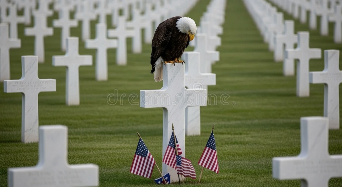 Bald eagle perched among white crosses at a military cemetery with American flags
