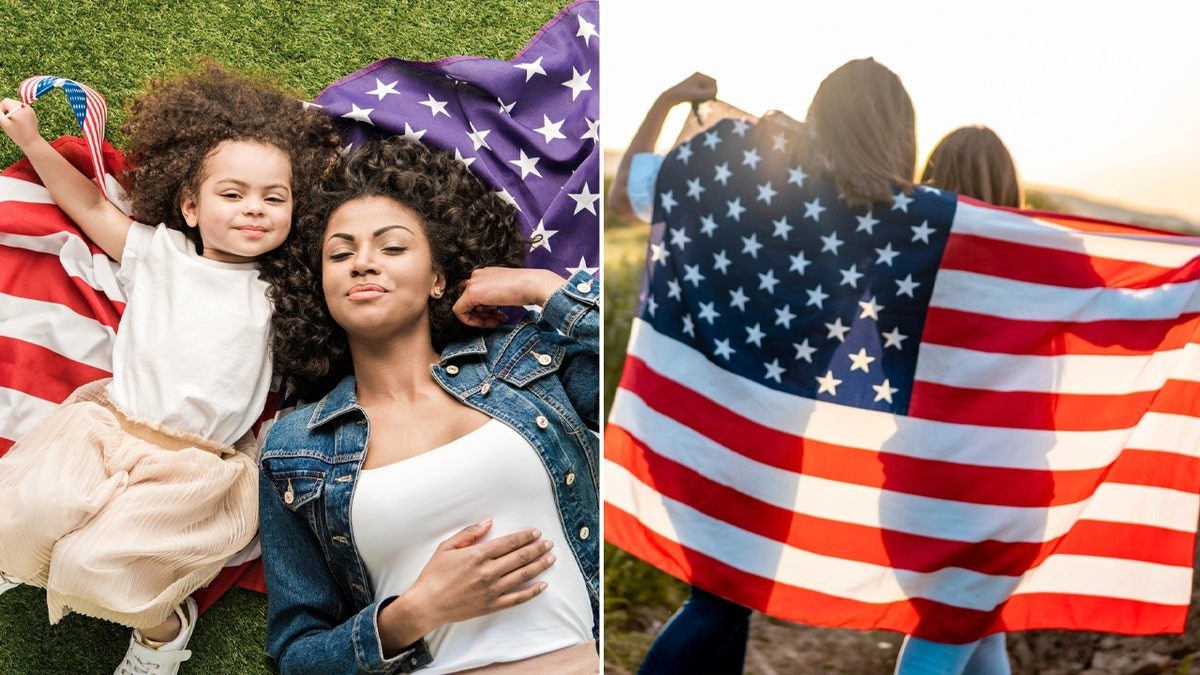 Military families with children and the American flag