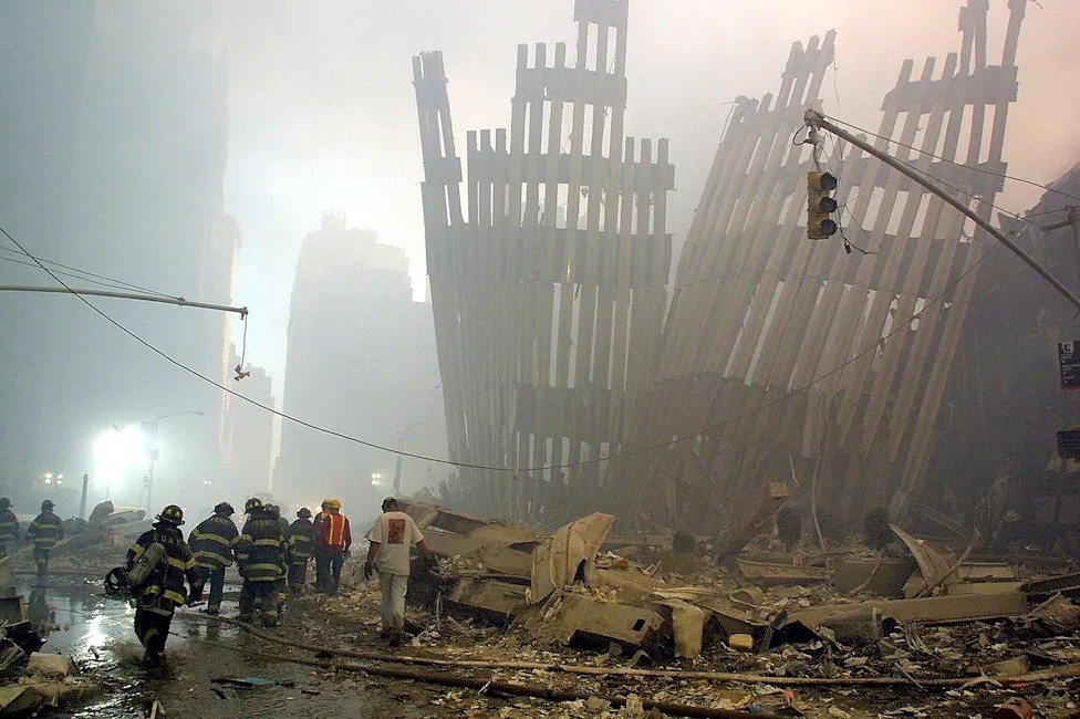 First responders at Ground Zero amid the remains of the World Trade Center